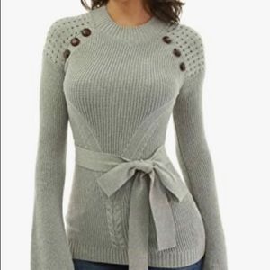 PattyBoutik Women Mock Neck Bell Sleeve Sweater (Light Gray Small)